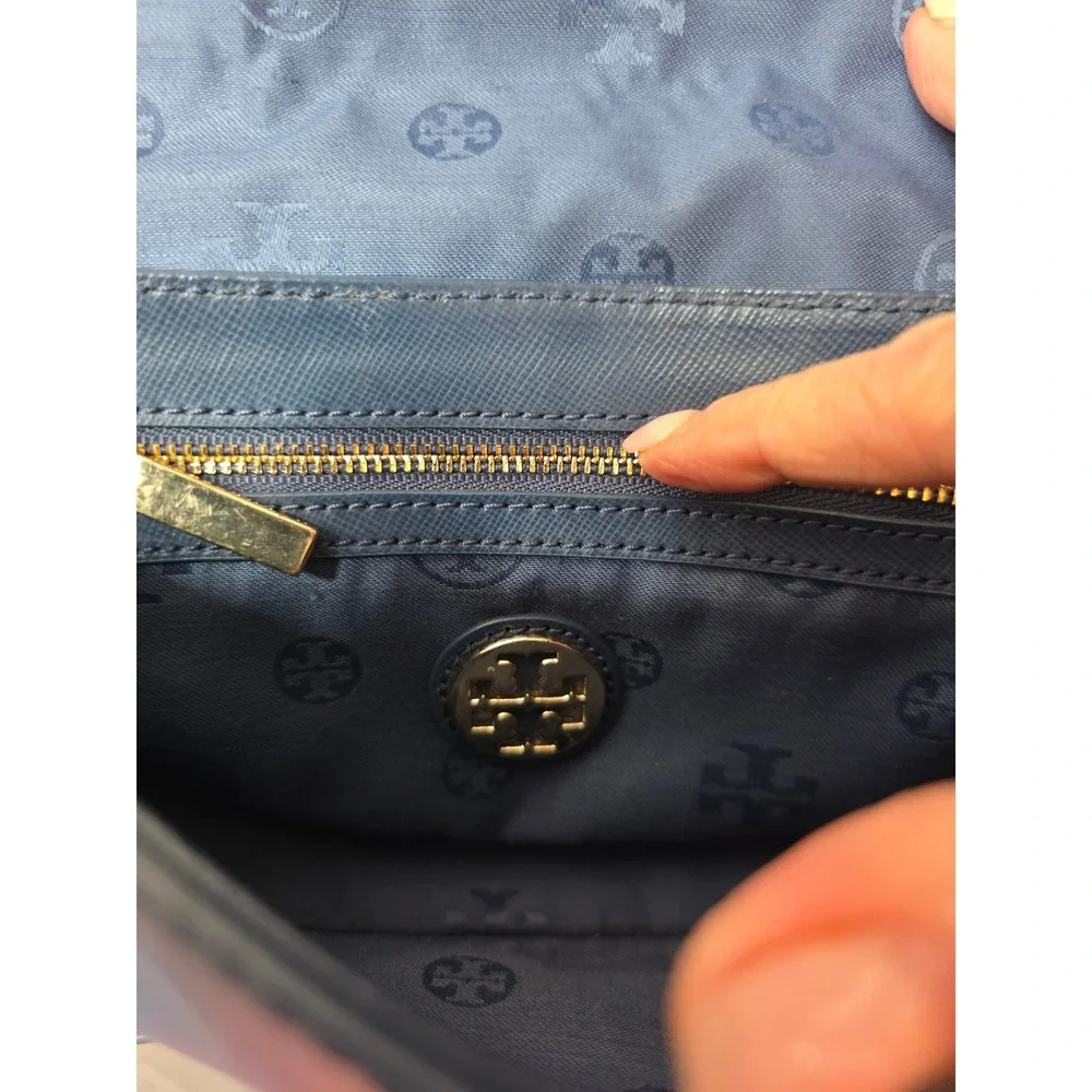 Tory Burch Robinson Patchwork Bag Womens Small Navy Blue Excellent Crossbody